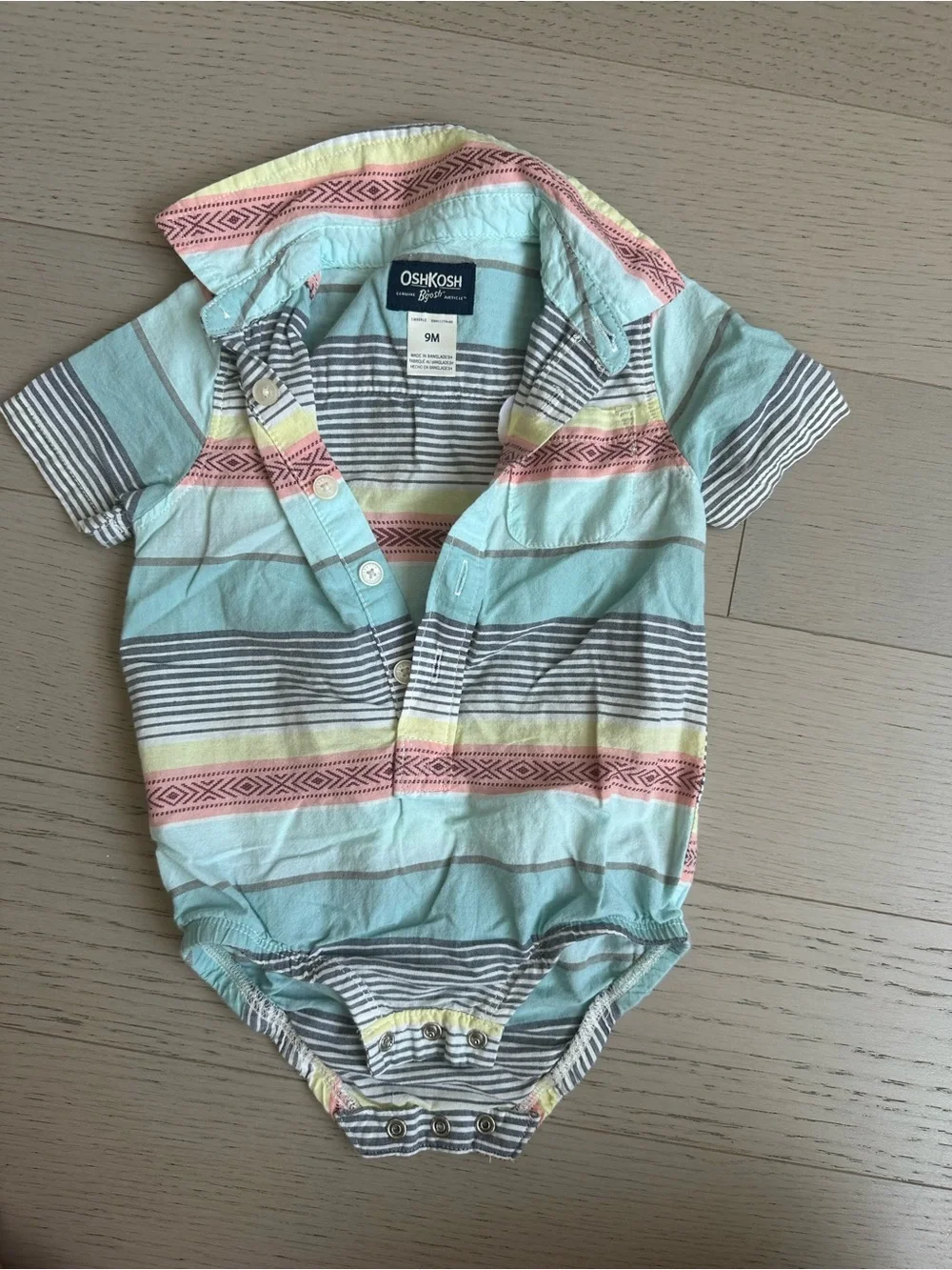 OshKosh Multicolor Striped Polo Onesie - Mint, Gray & Coral